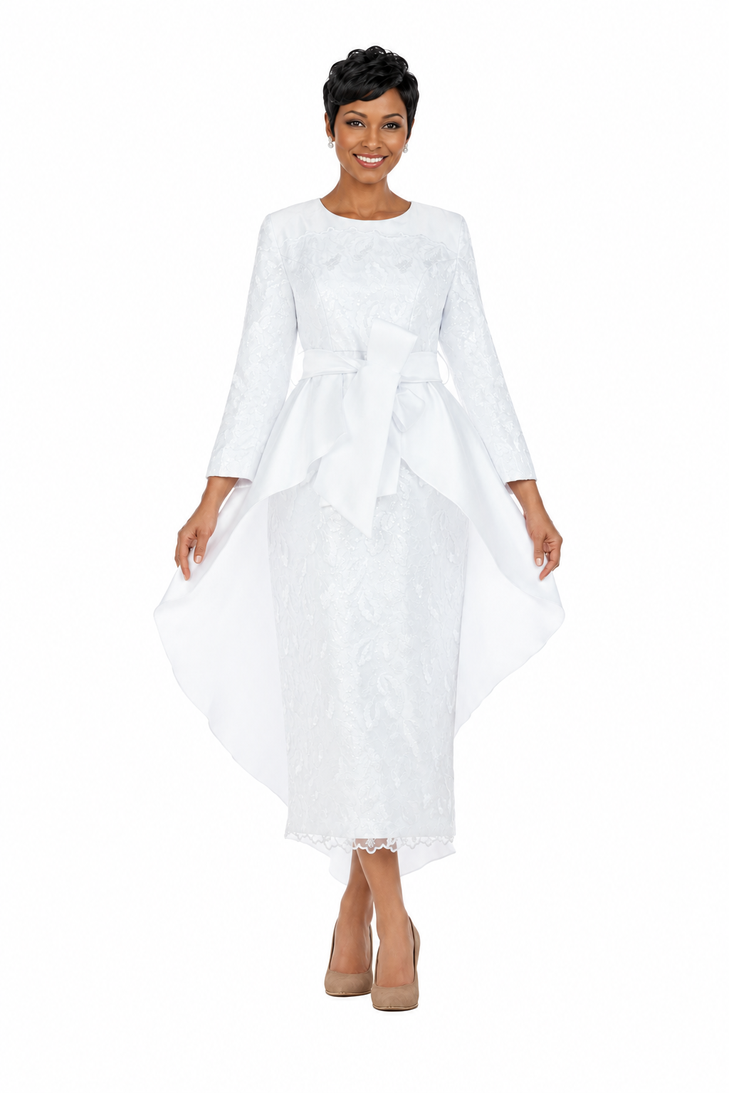 Sequined Lace Gown with Dramatic Hi-Lo Waist Cape