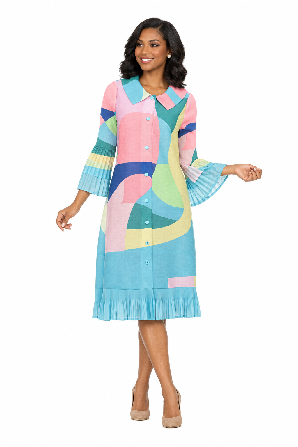 Abstract Print Button Down Midi Dress in Pleats