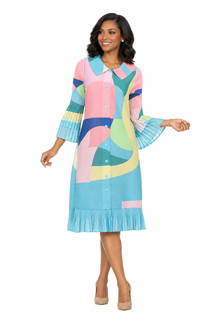Abstract Print Button Down Midi Dress in Pleats