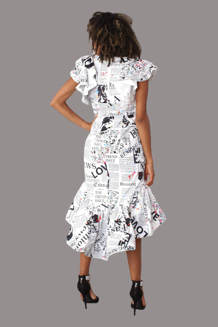 Newspaper Ruffle Midi Dress -81921