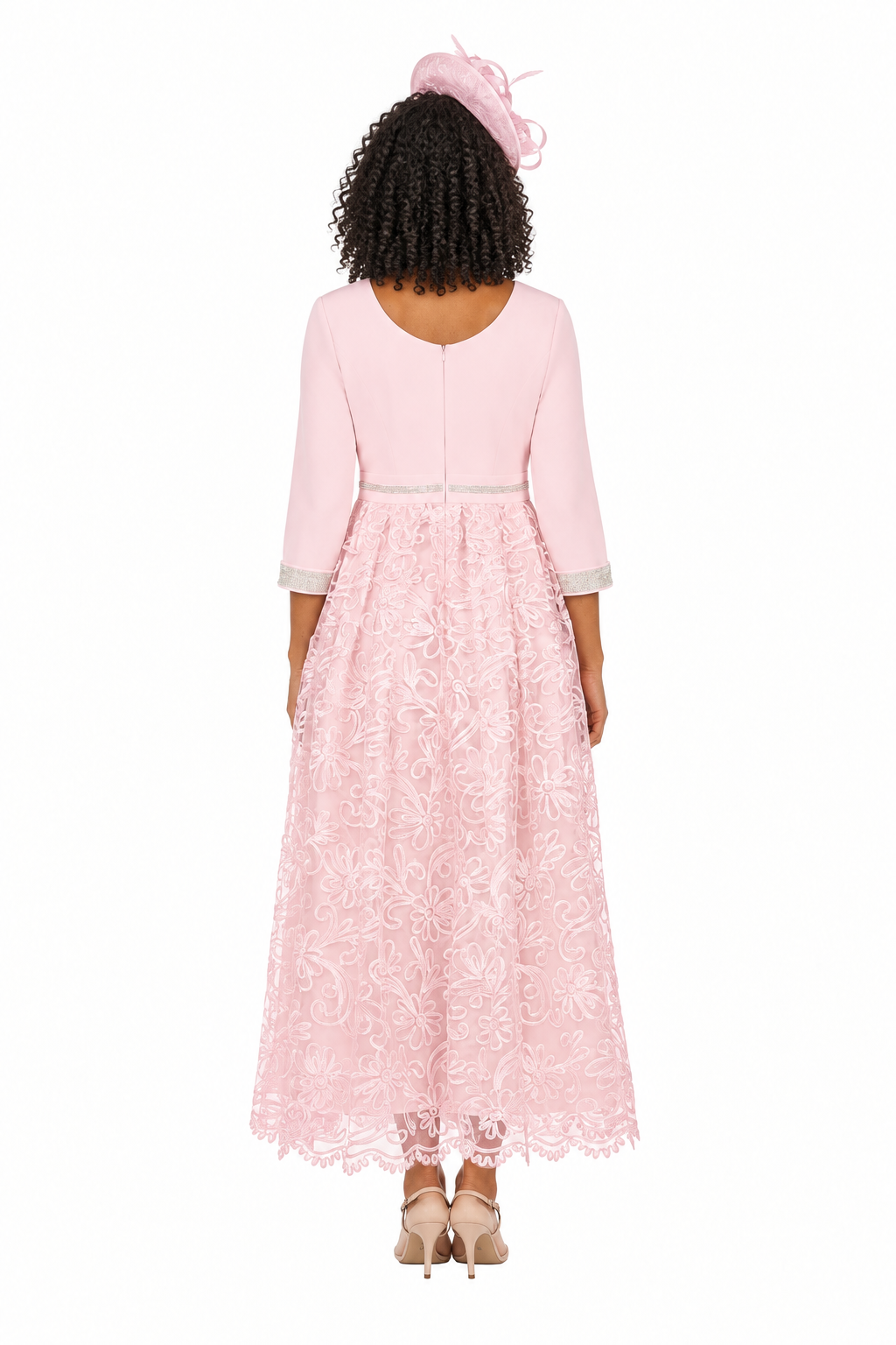 3/4 Slv Maxi Lace Overlay Dress w/ Rhinestoned Wai