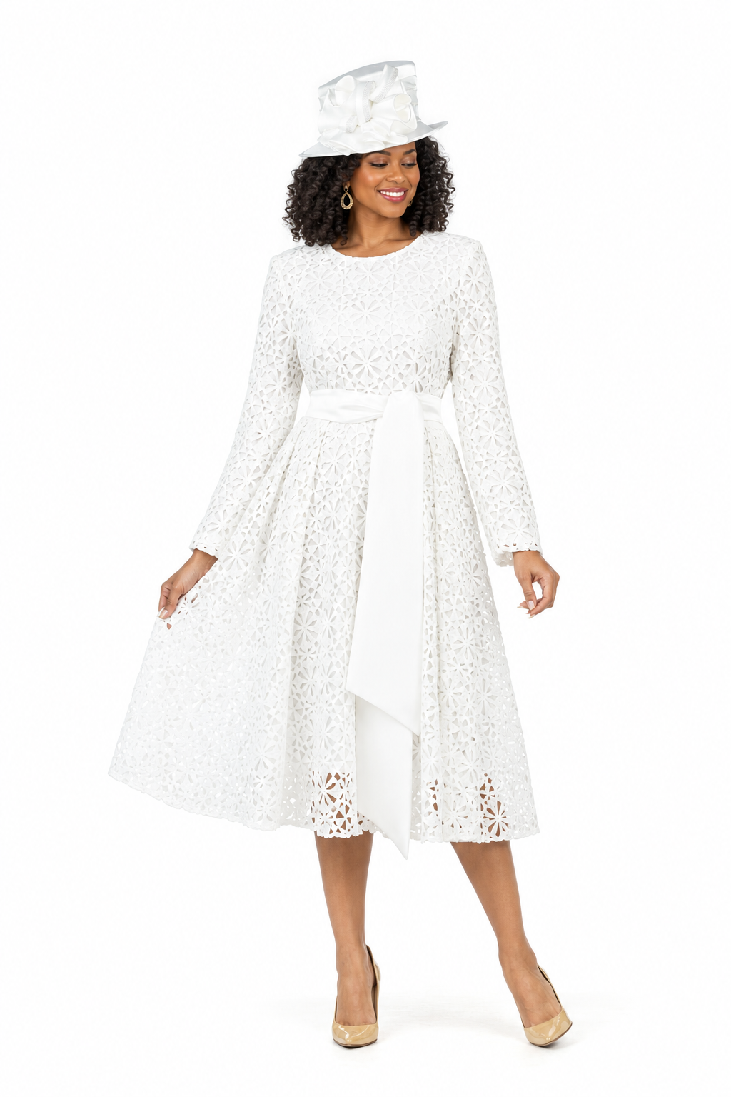 Elegant Bloom Eyelet Lace Fit & Flare Belted Dress