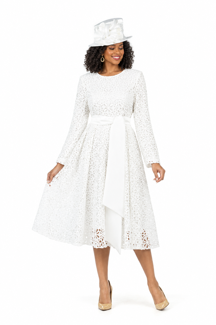 Elegant Bloom Eyelet Lace Fit & Flare Belted Dress