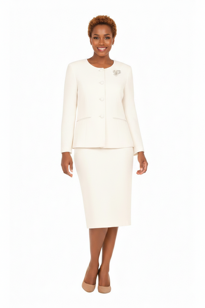 Classic Tailored 2pc Skirt Suit with Brooch-Plus