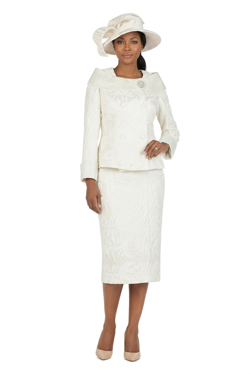 2pc Dbl-brstd Brocade Skirt Suit w/ Brooch