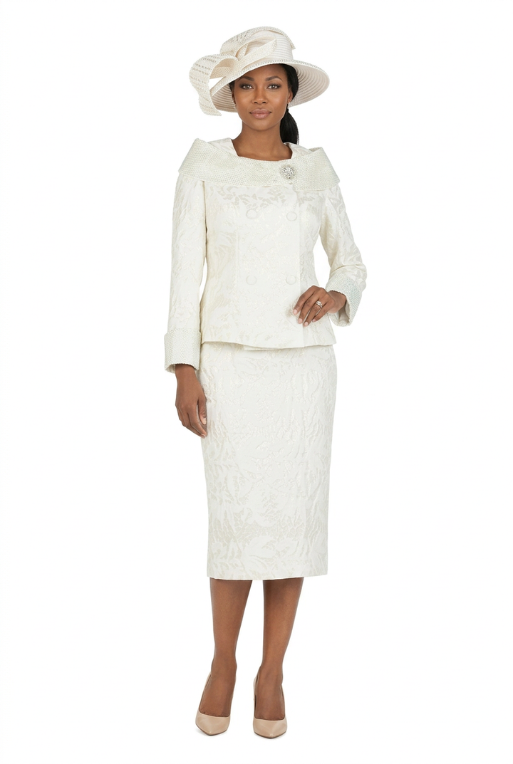 2pc Dbl-brstd Brocade Skirt Suit w/ Brooch