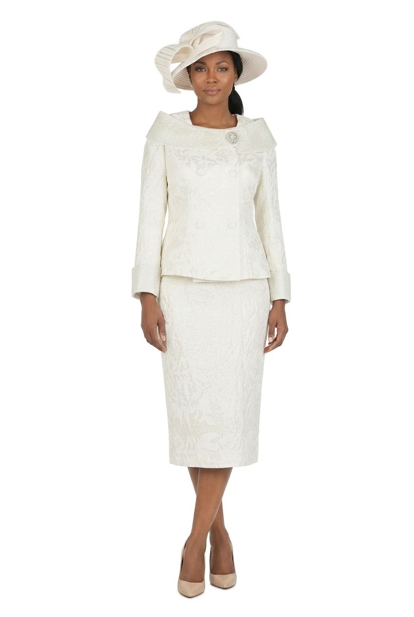 2pc Dbl-brstd Brocade Skirt Suit w/ Brooch
