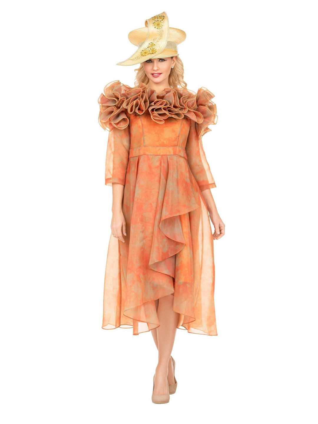 Orange Ruffle Collar High-Low Organza Dress - Krown Elle