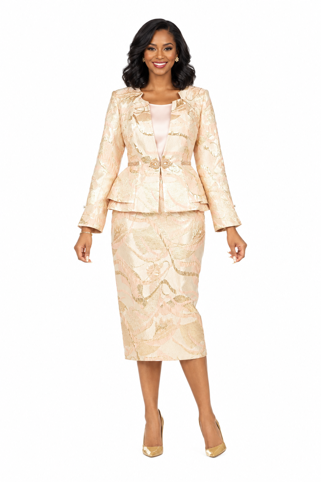 Metallic Brocade 3pc Skirt Suit w/ Peplum Jkt-Plus