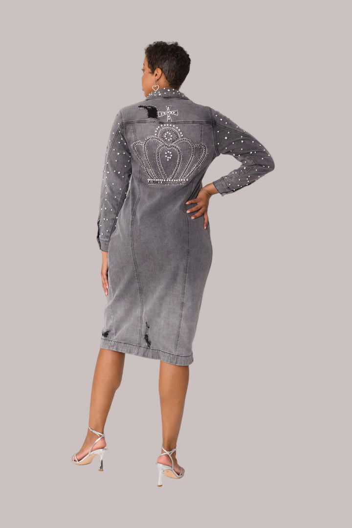 Pearl Embellished Grey Denim Midi Dress -82681