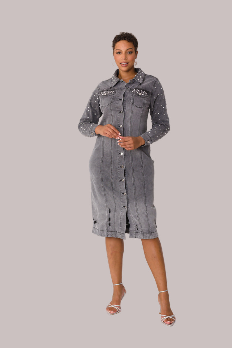 Pearl Embellished Grey Denim Midi Dress -82681