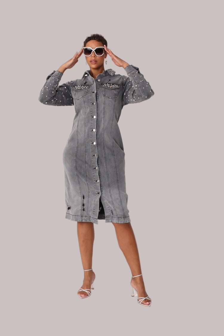 Pearl Embellished Grey Denim Midi Dress -82681
