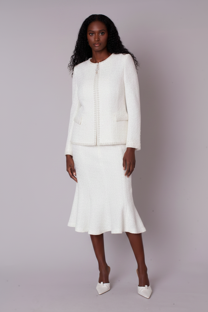 Pearl Trim Tweed Skirt Suit - Front