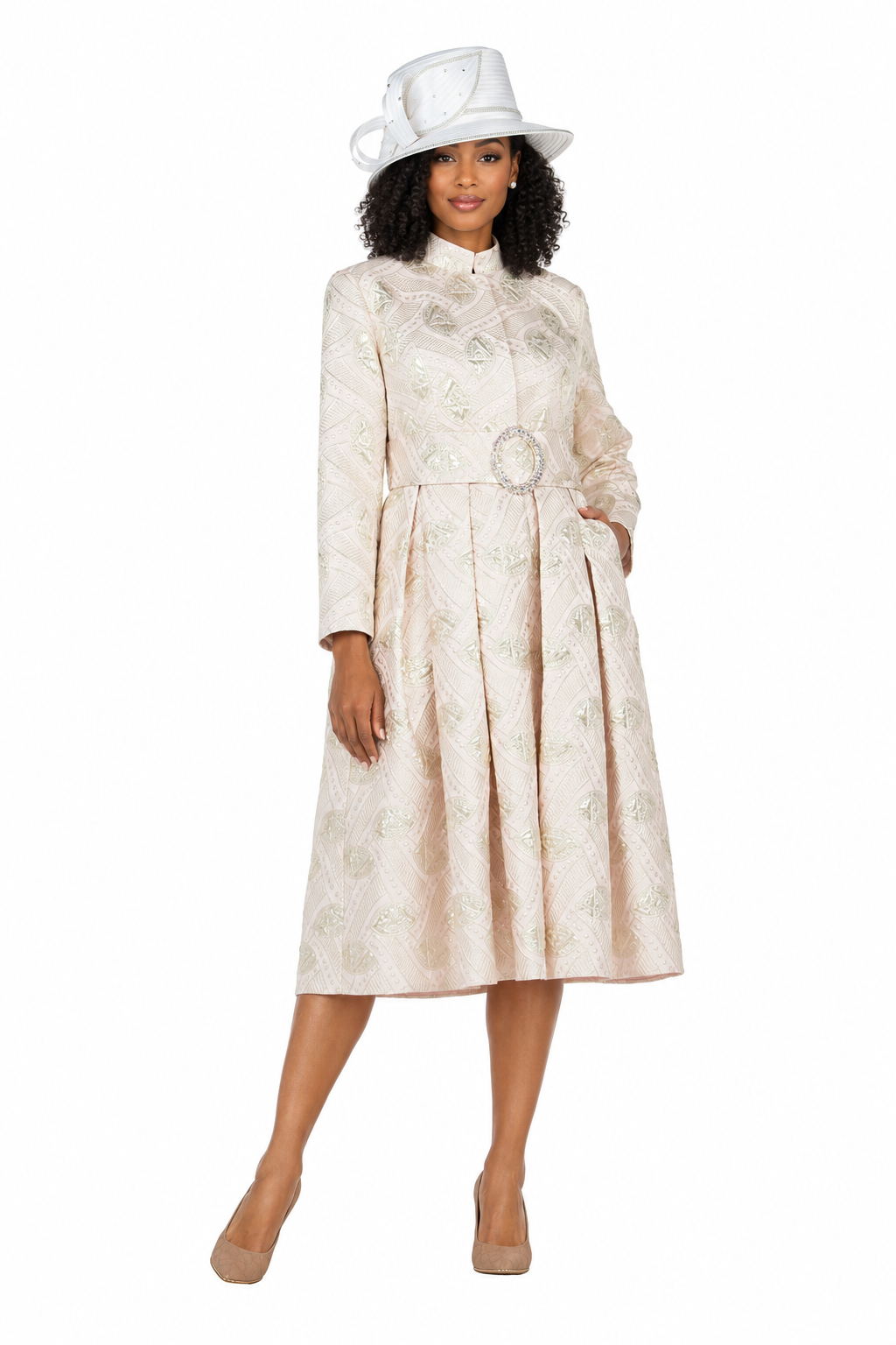 Stand Collar A-line Metallic Brcd Drs w/ Belt