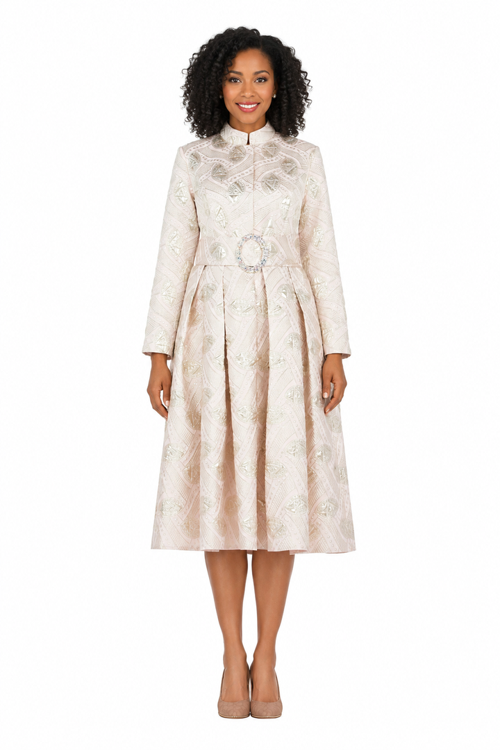 Stand Collar A-line Metallic Brcd Drs w/ Belt