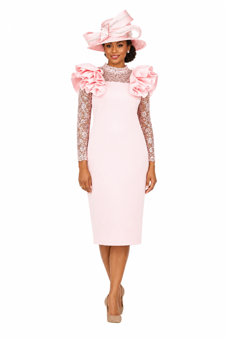 Elegant Scuba Sheath Dress w/ Semi-Sheer Lace Slv