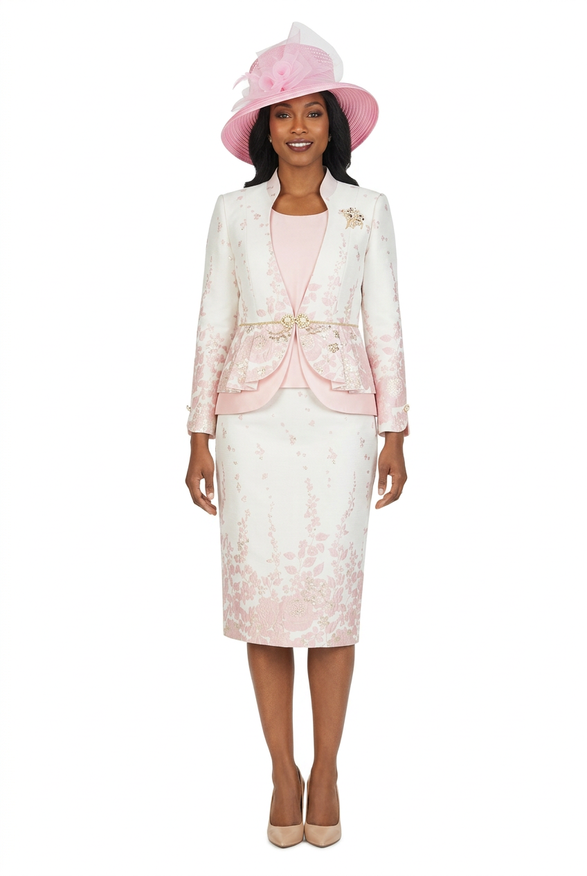 3pc Floral Print Brocade Peplum Jkt Skt Suit