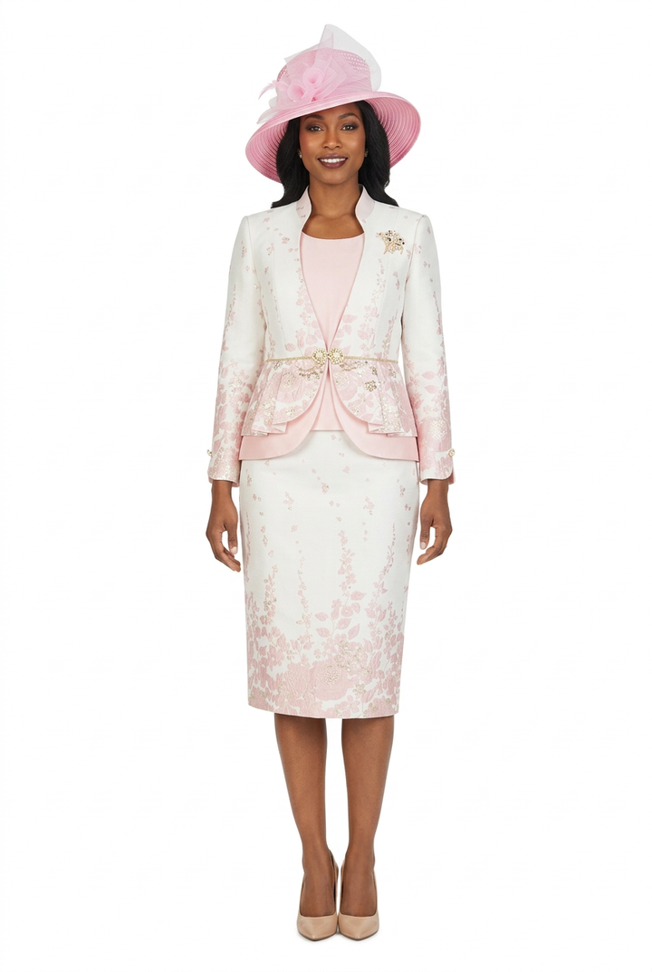 3pc Floral Print Brocade Peplum Jkt Skt Suit