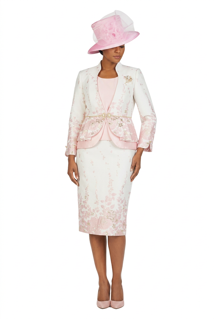 3pc Floral Print Brocade Peplum Jkt Skt Suit