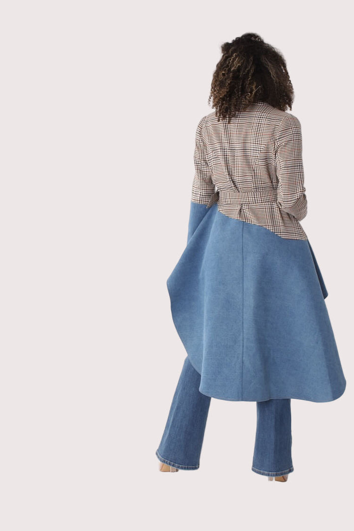 Plaid High-Low Blazer with Leather -82018