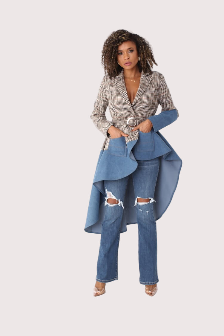 Plaid High-Low Blazer with Leather -82018
