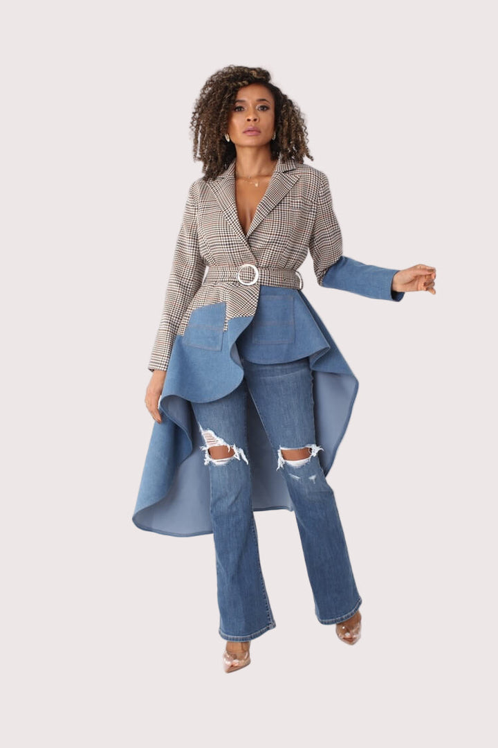 Plaid High-Low Blazer with Leather -82018