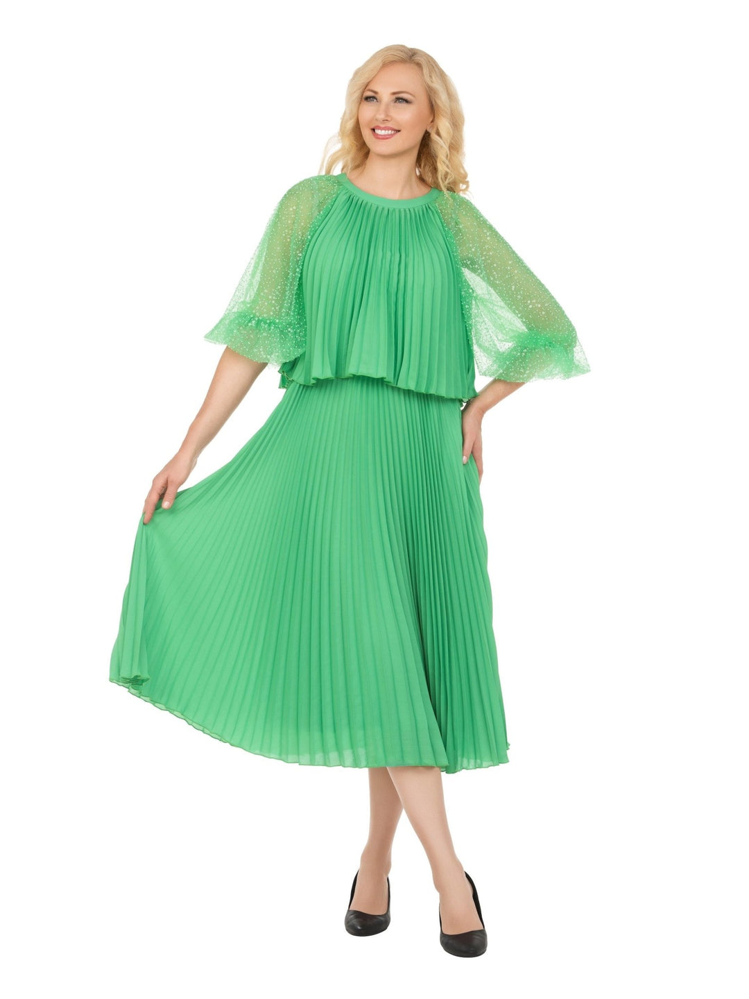 Pleated Chiffon Midi Dress w/ Shimmer Mesh Sleeves - Krown Elle