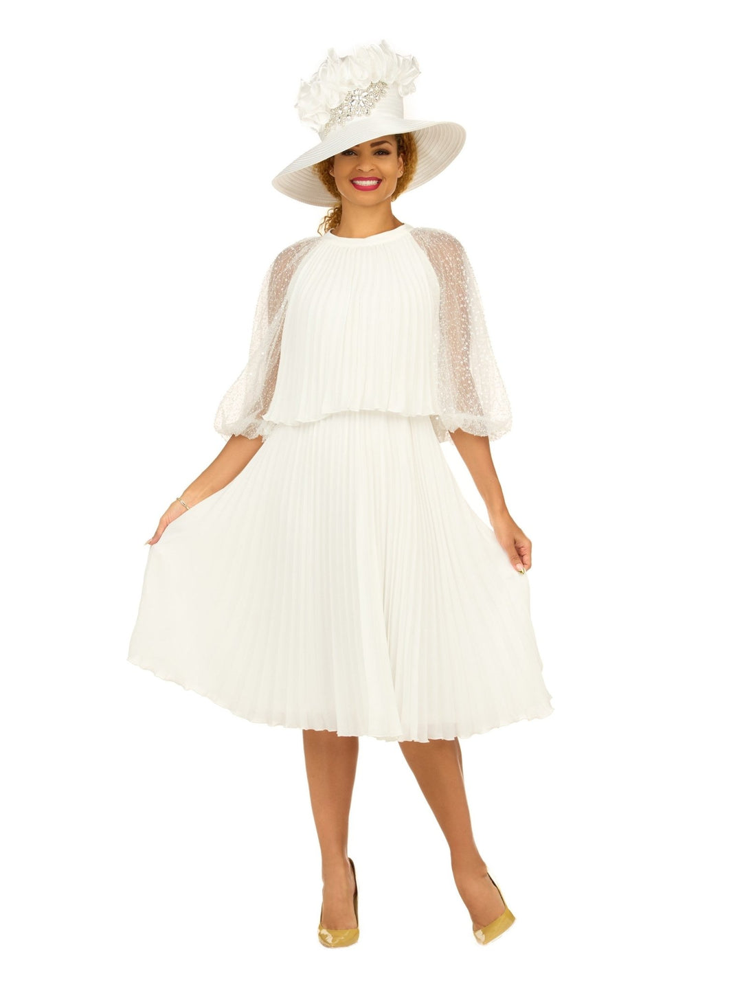 Pleated Chiffon Midi Dress w/ Shimmer Mesh Sleeves - Krown Elle