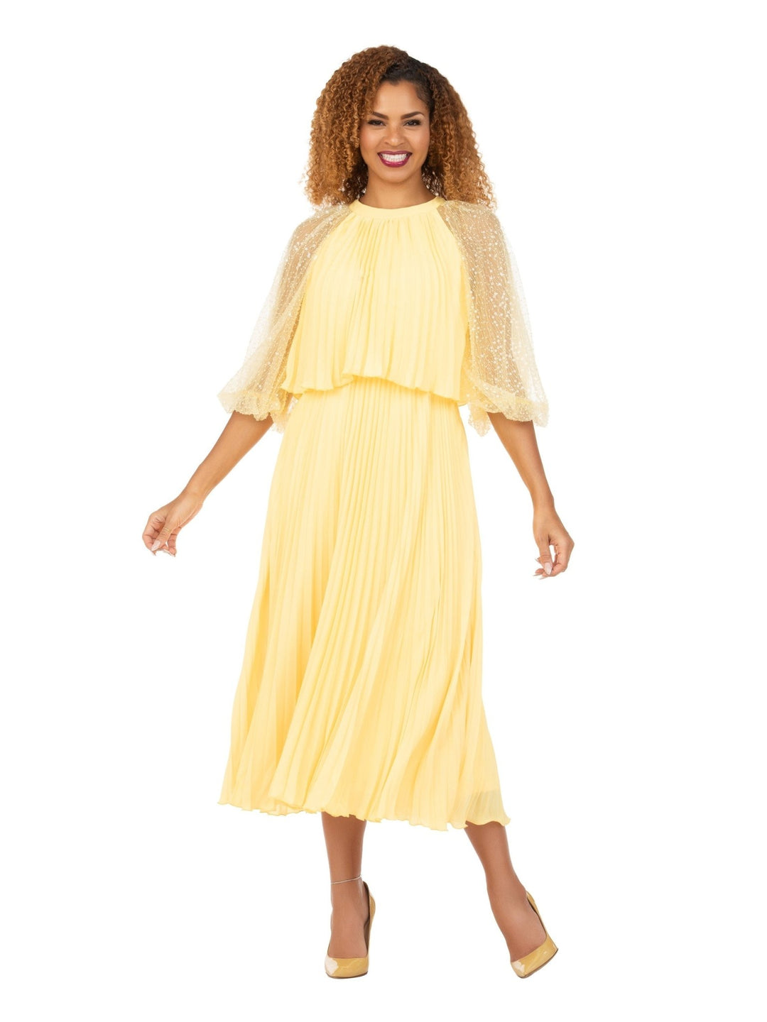Pleated Chiffon Midi Dress w/ Shimmer Mesh Sleeves - Krown Elle