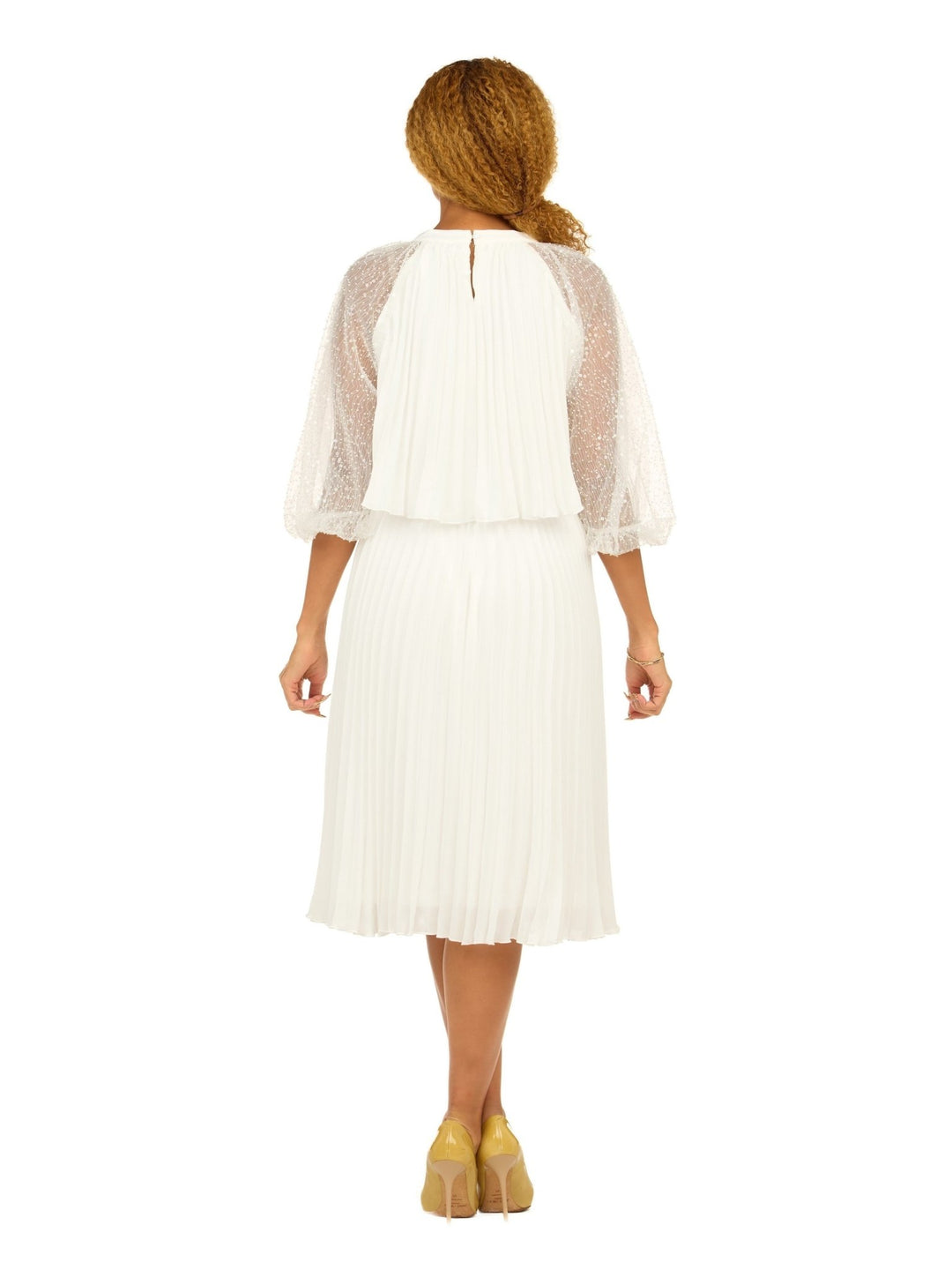 Pleated Chiffon Midi Dress w/ Shimmer Mesh Sleeves - Krown Elle