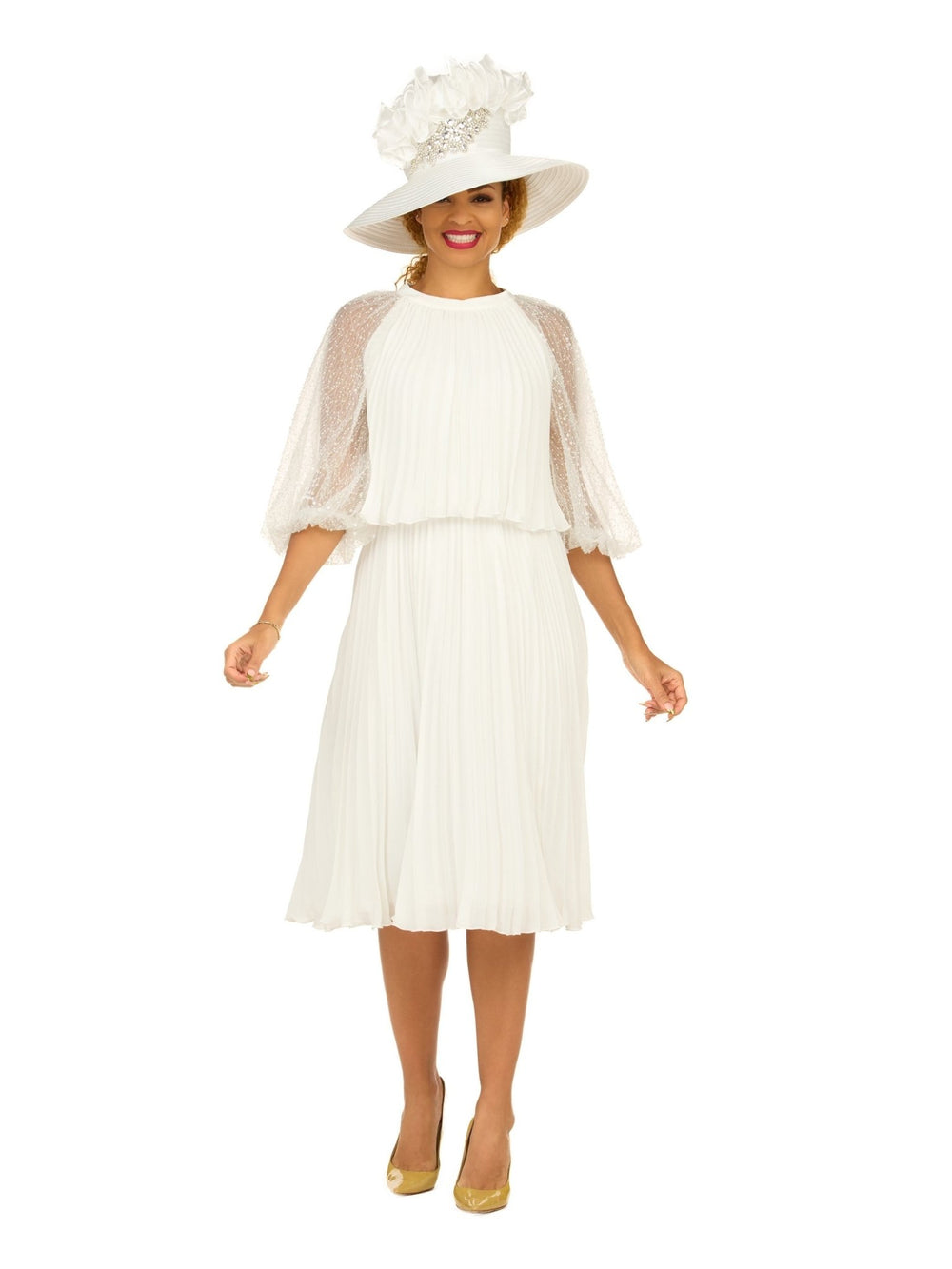 Pleated Chiffon Midi Dress w/ Shimmer Mesh Sleeves - Krown Elle