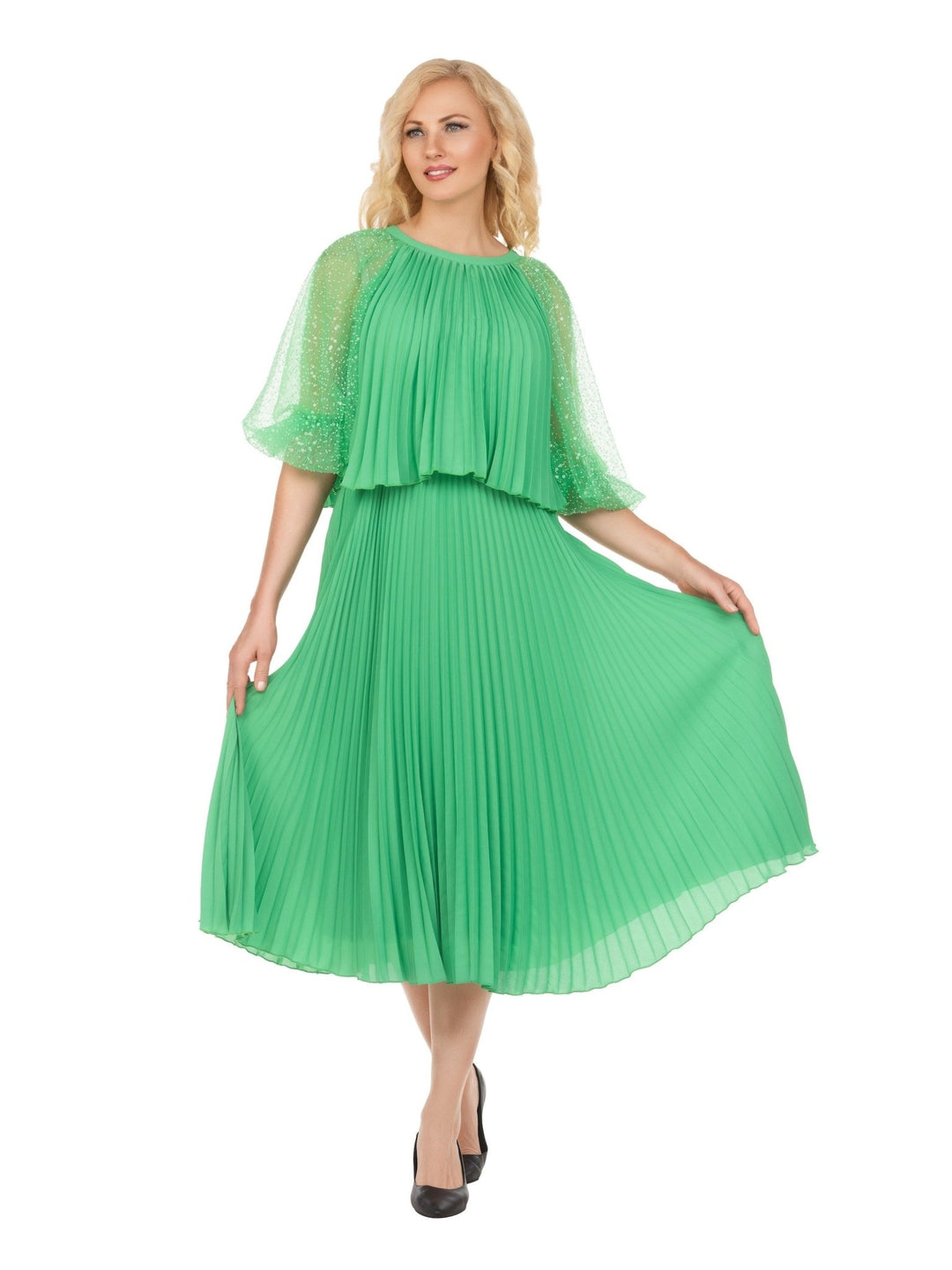 Pleated Chiffon Midi Dress w/ Shimmer Mesh Sleeves - Krown Elle