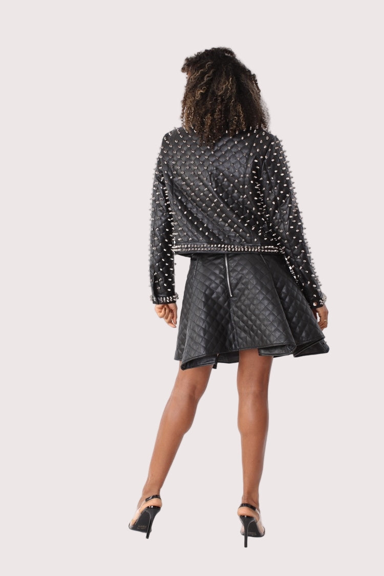 Pleather Quilted Flared Skirt with Studs- 81948