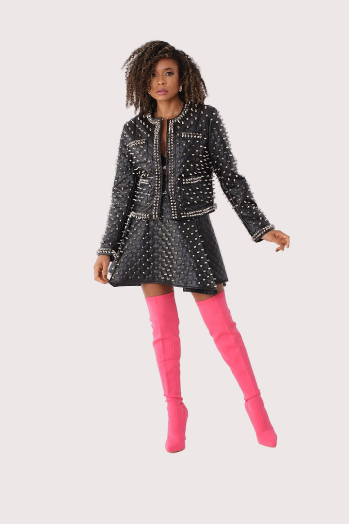 Pleather Quilted Flared Skirt with Studs- 81948