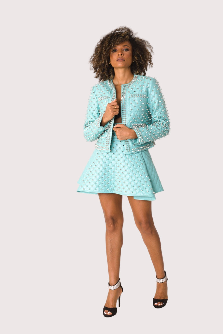 Pleather Quilted Flared Skirt with Studs- 81948
