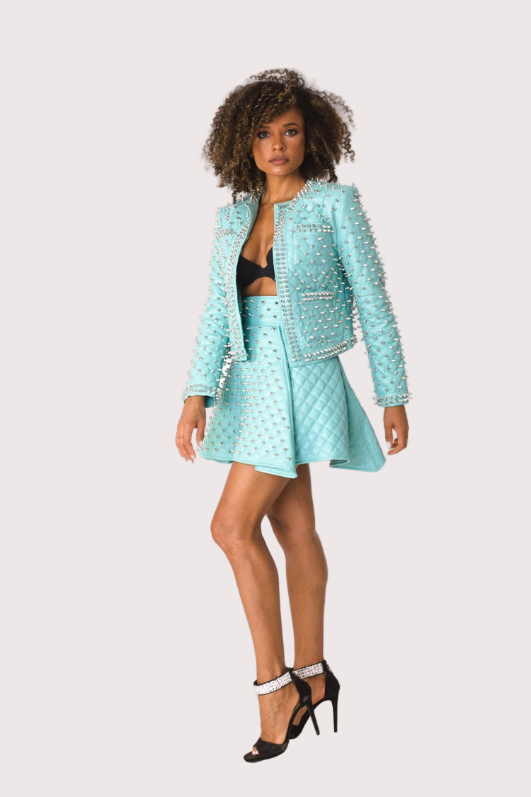 Pleather Quilted Flared Skirt with Studs- 81948