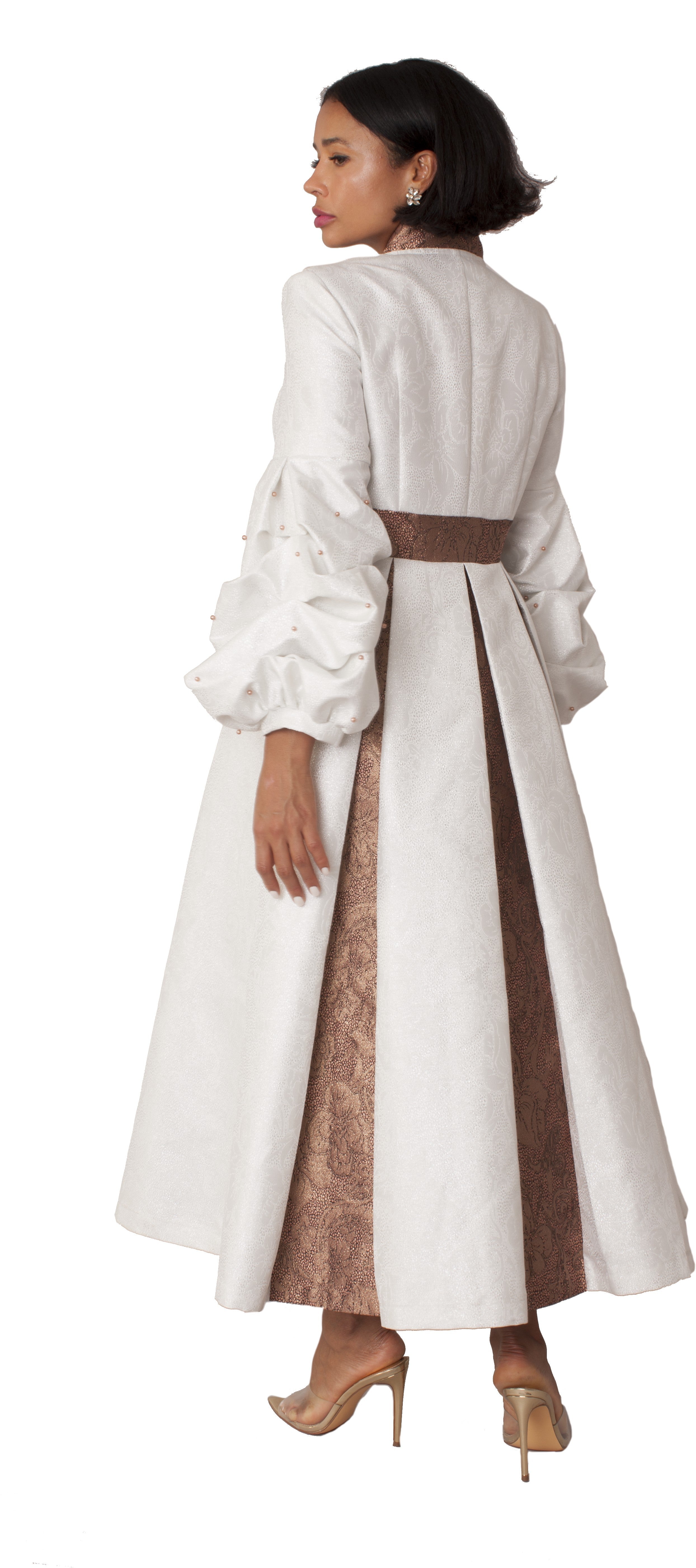 Plus Size Formal Church Coat Dress with Puff Sleeves and Pearl Cross – 4850W