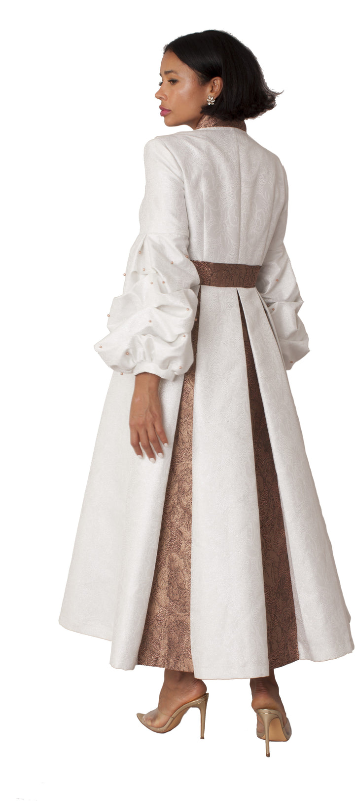 Plus Size Formal Church Coat Dress with Puff Sleeves and Pearl Cross – 4850W