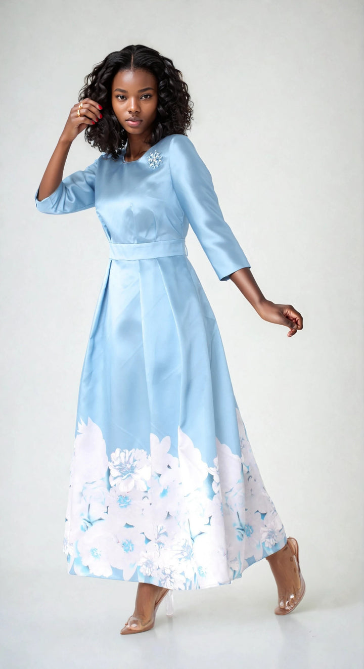 Plus Size Satin Dress with Rhinestone Brooch -4497W
