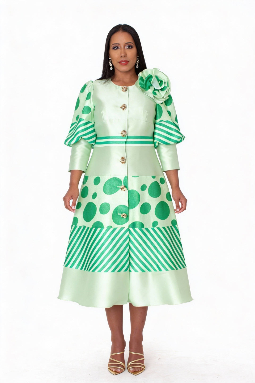 Polka Dot Stripe Bow Detail Midi Dress - 41086