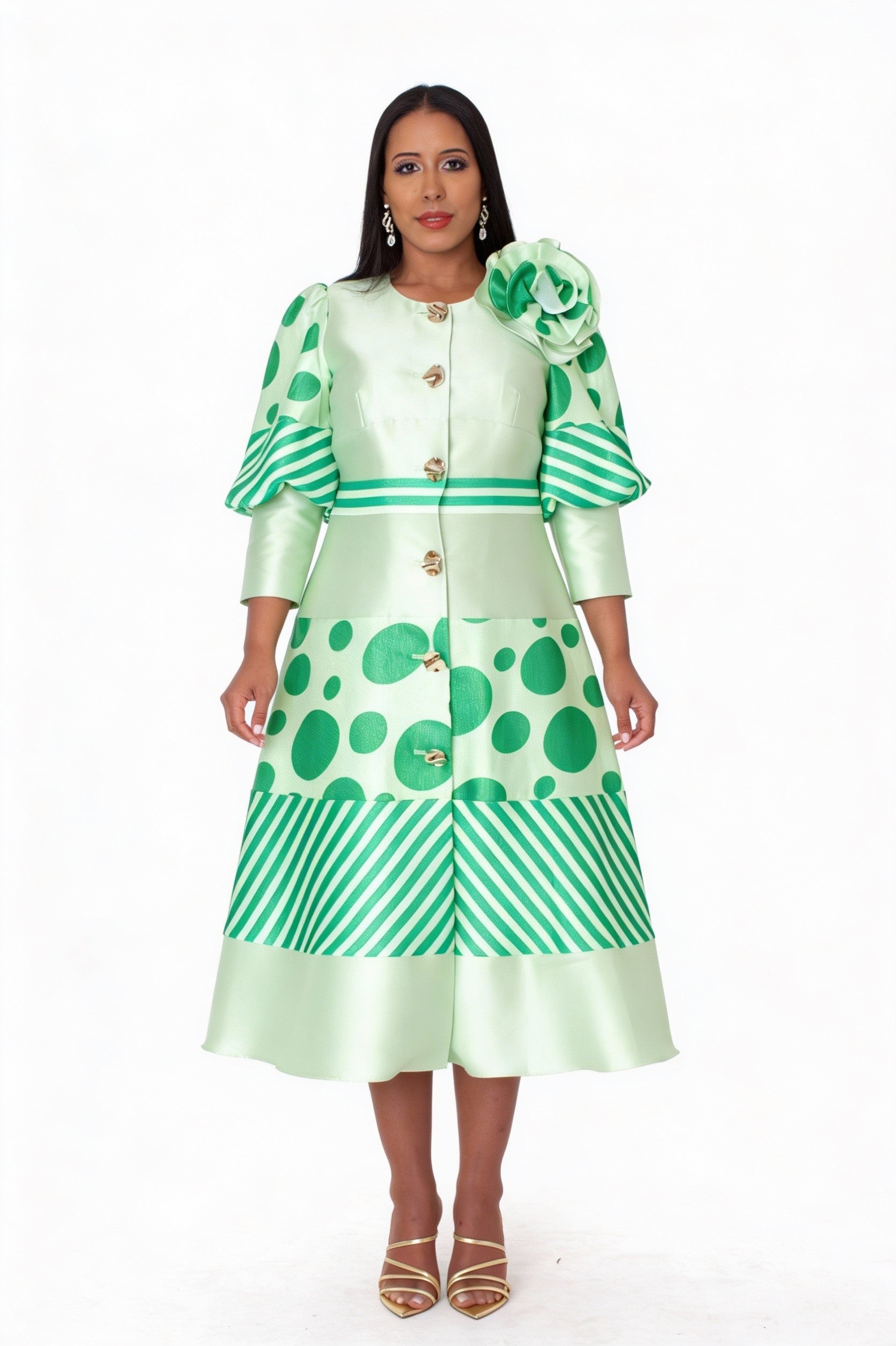 Polka Dot Stripe Bow Detail Midi Dress - 41086