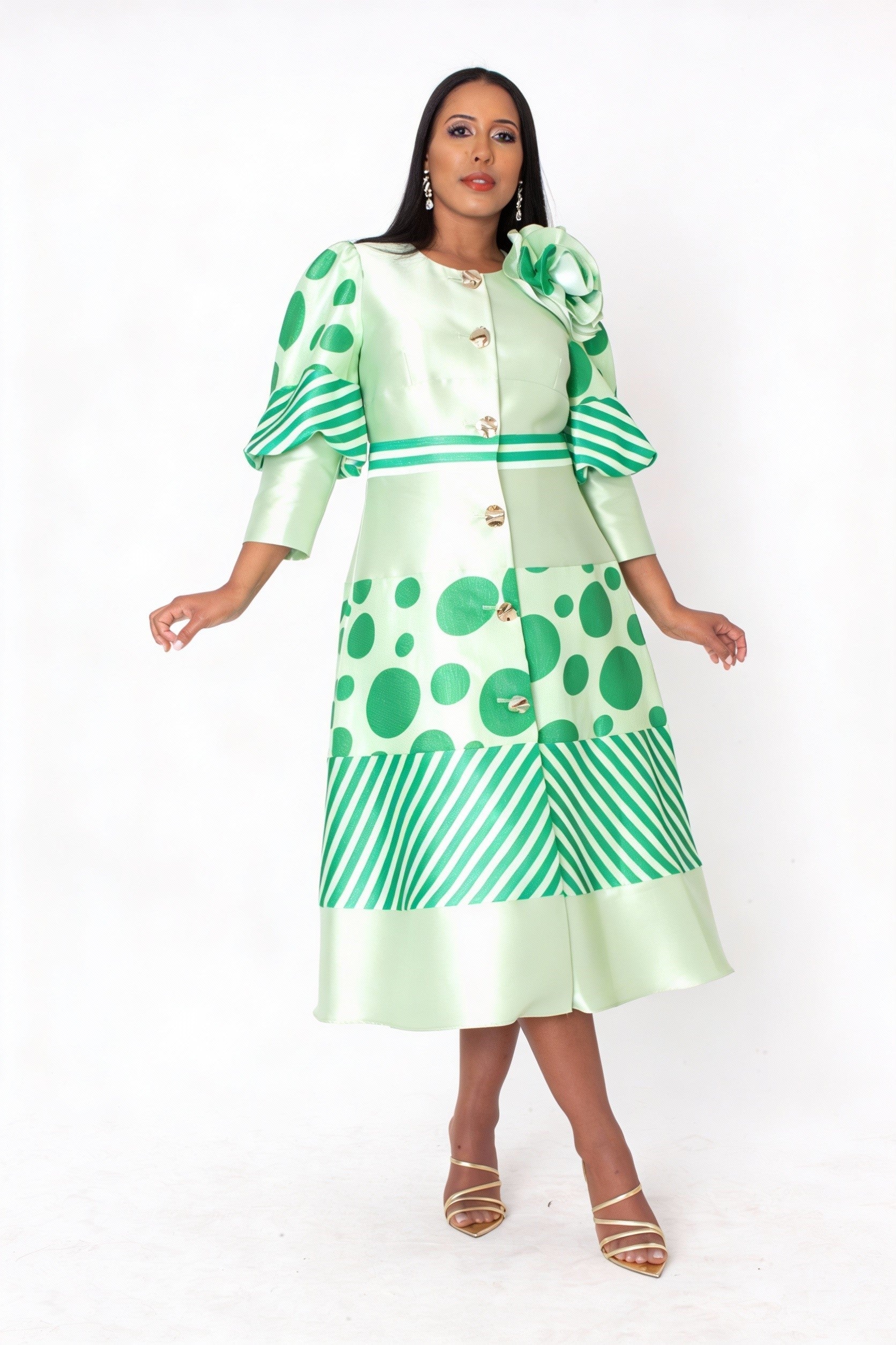 Polka Dot Stripe Bow Detail Midi Dress - 41086