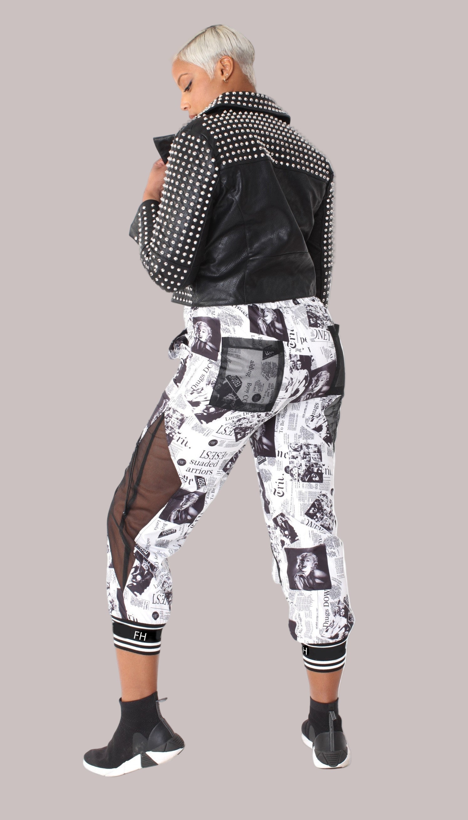 Printed Mesh Patchwork Joggers -81856