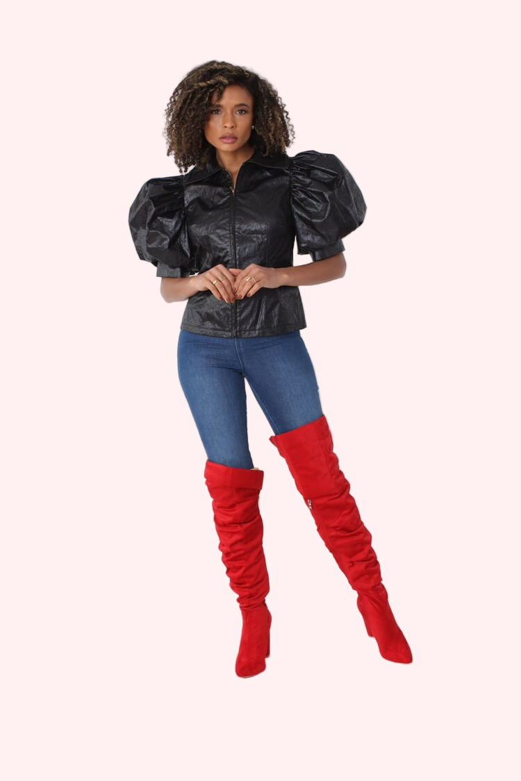 Puff Sleeve Faux Leather Jacket – Style 82014