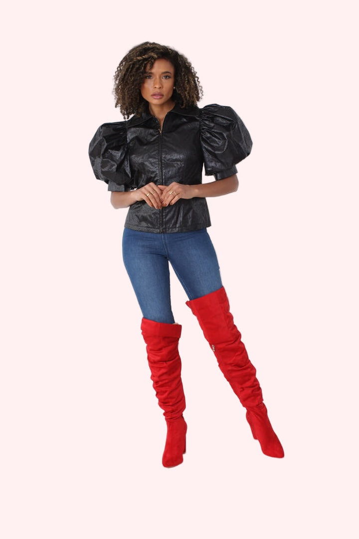 Puff Sleeve Faux Leather Jacket – Style 82014