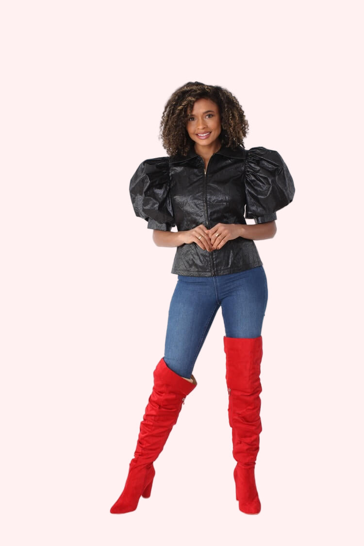 Puff Sleeve Faux Leather Jacket – Style 82014
