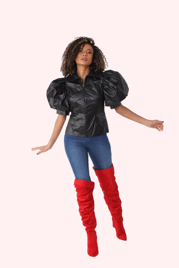 Puff Sleeve Faux Leather Jacket – Style 82014