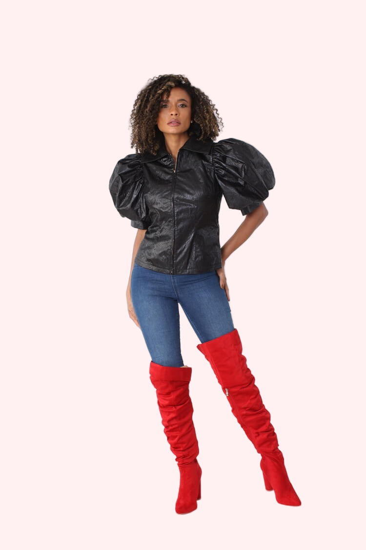Puff Sleeve Faux Leather Jacket – Style 82014