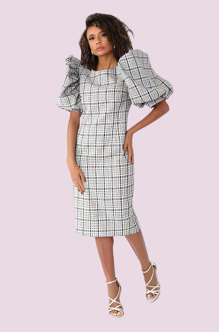 Puff Sleeve Plaid Midi Dress -82015