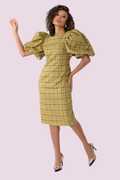 Puff Sleeve Plaid Midi Dress -82015